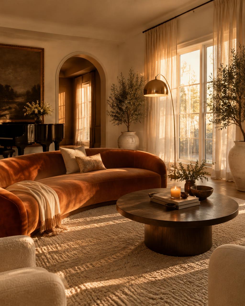Golden hour living room with velvet sofa