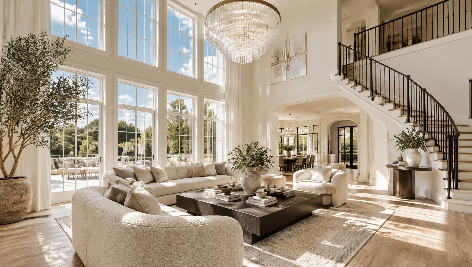 Sunlit double-height living room with crystal chandelier