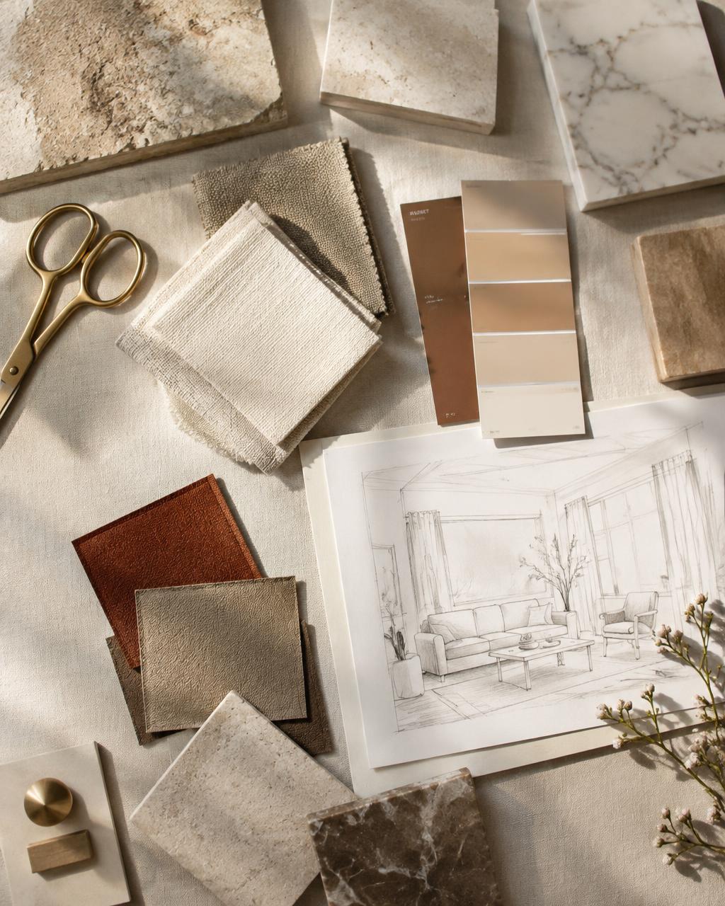 Fabric swatches and sketches on the studio desk